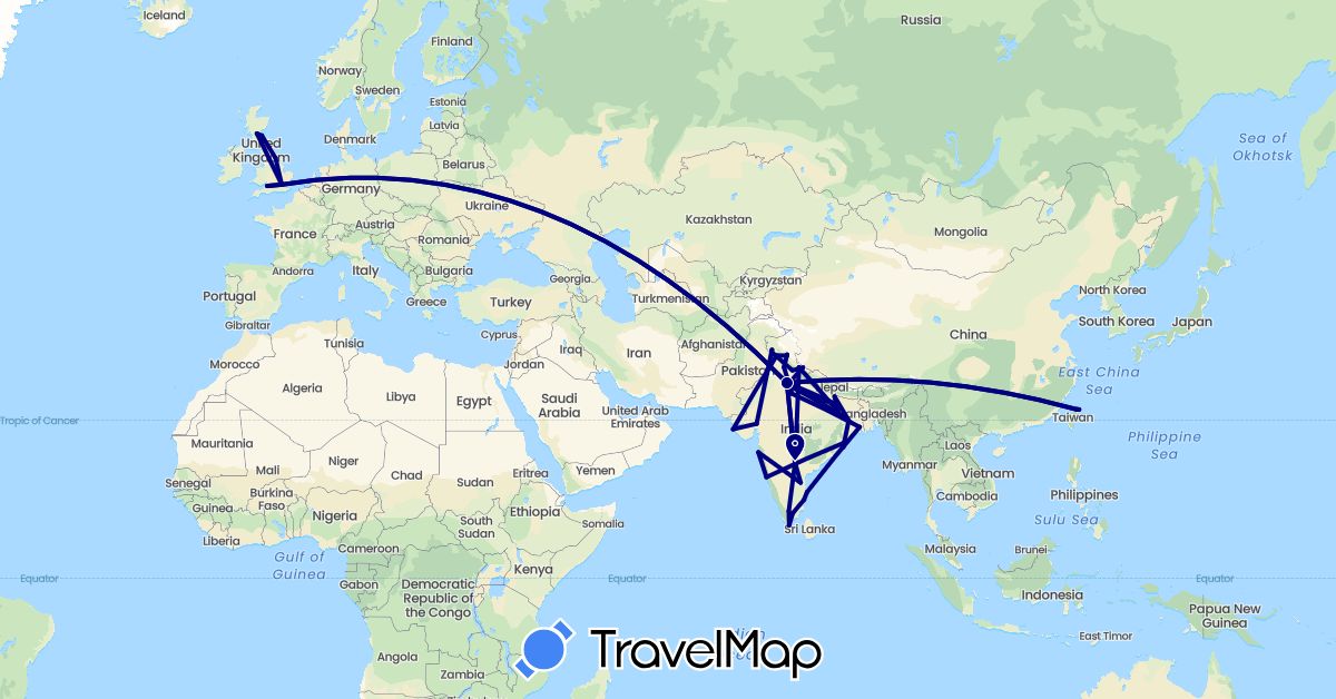 TravelMap itinerary: driving in United Kingdom, India, Taiwan (Asia, Europe)